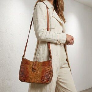 Brahmin Isabelle Crossbody Bag Toasted Almond Brown Croc Embossed Leather Purse